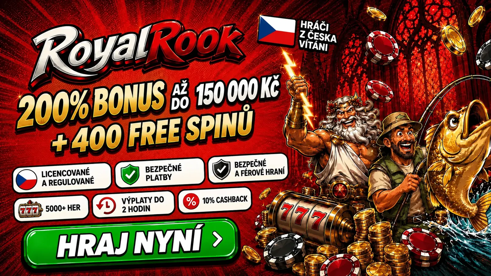 Uvítací nabídka RoyalRook kasino: 200 % až do 150 000 Kč a 400 free spinů